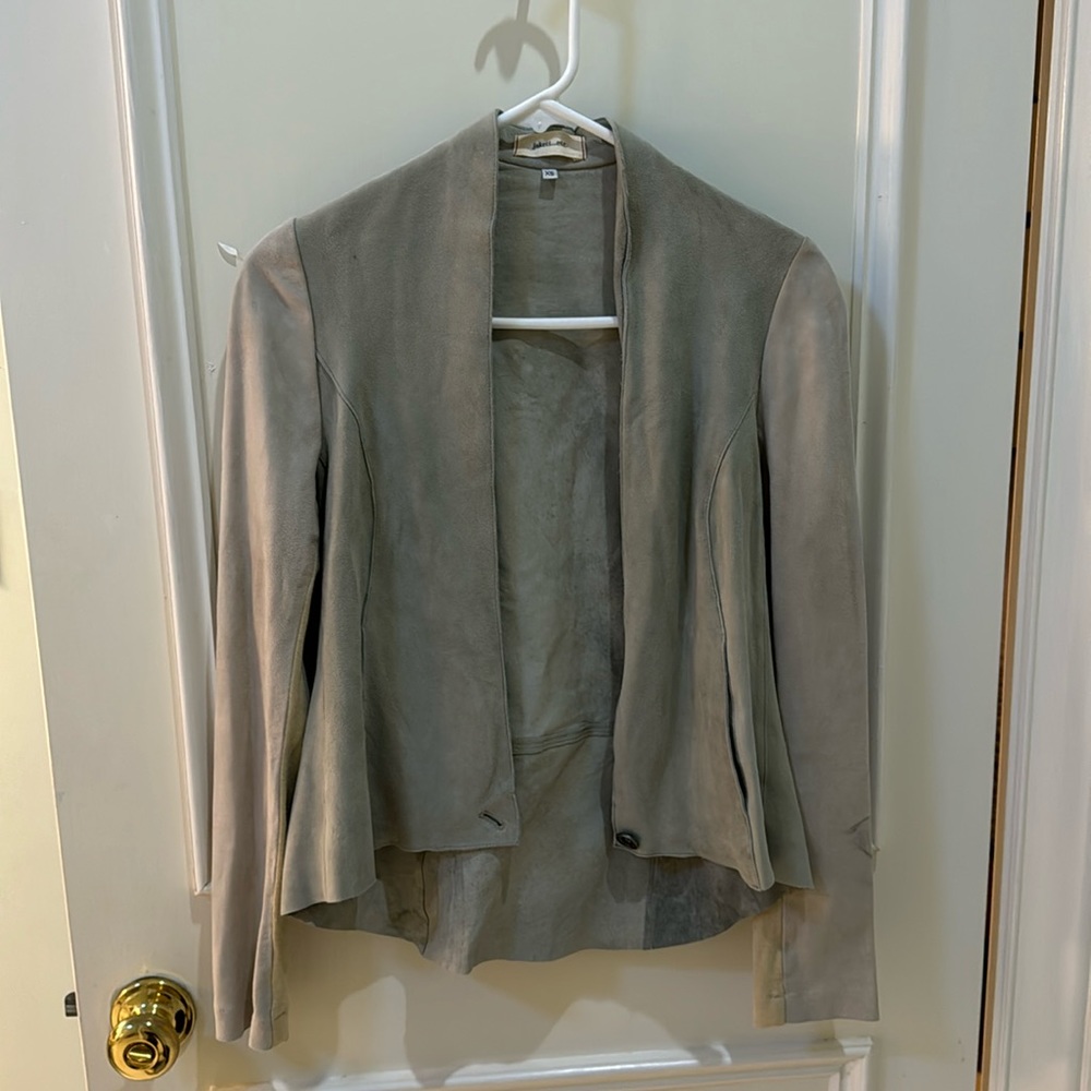 Jakett, etc. suede leather jacket. Slightly two tone. Pale blue. Size XS.
